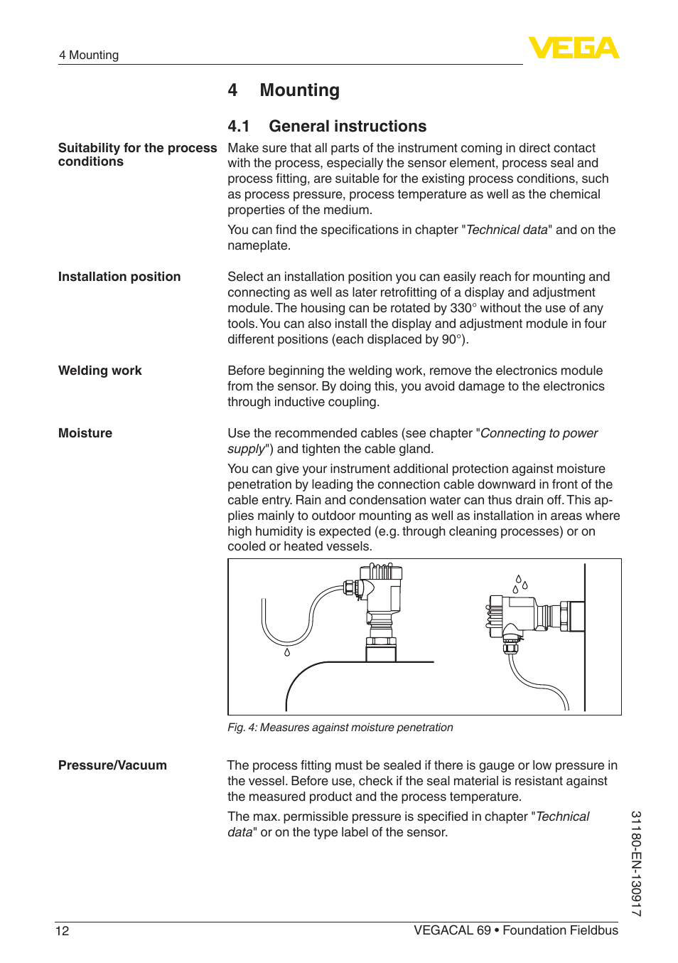 4 mounting, 1 general instructions | VEGA VEGACAL 69 Foundation Fieldbus User Manual | Page 12 / 48