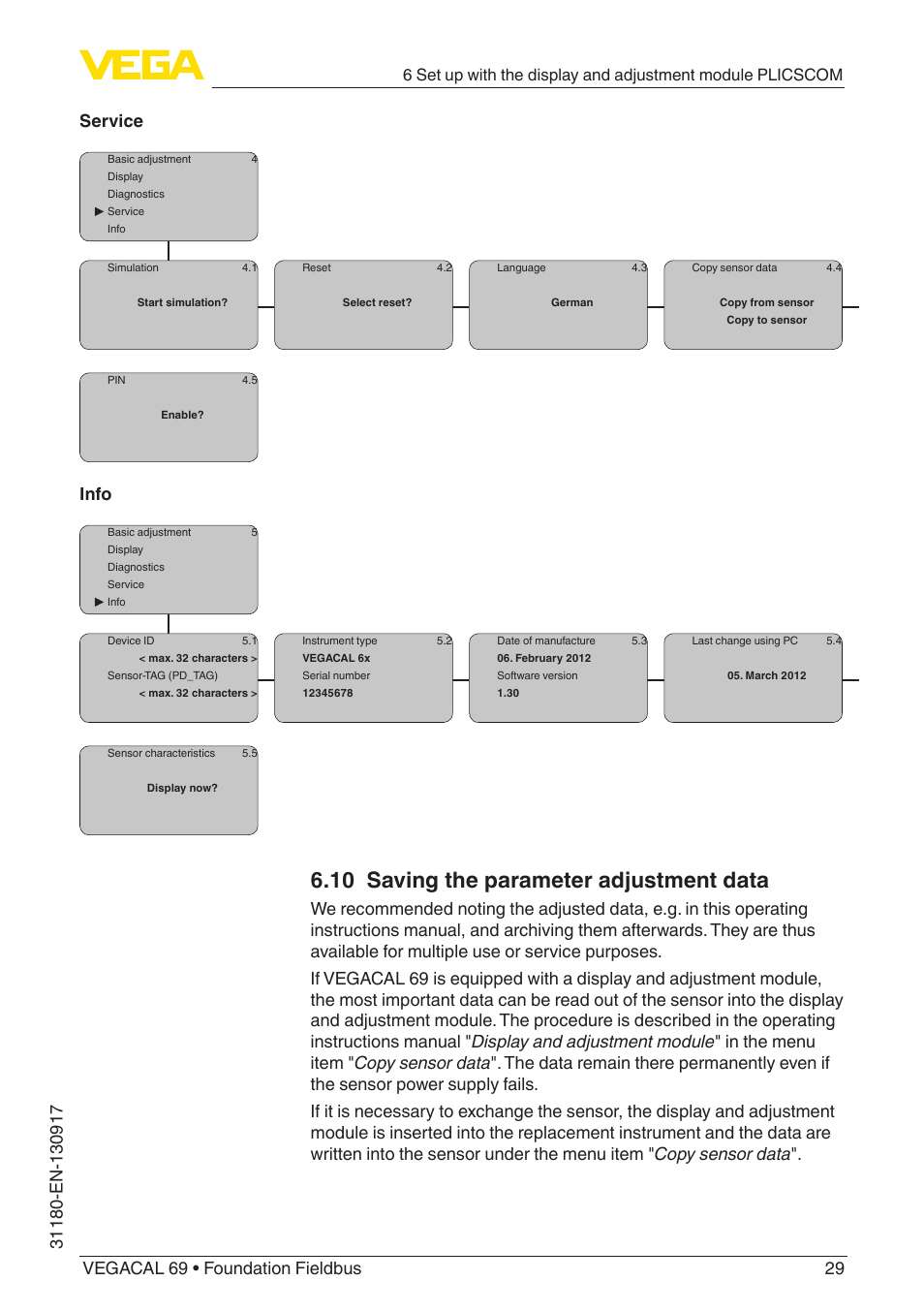 10 saving the parameter adjustment data, Info | VEGA VEGACAL 69 Foundation Fieldbus User Manual | Page 29 / 48