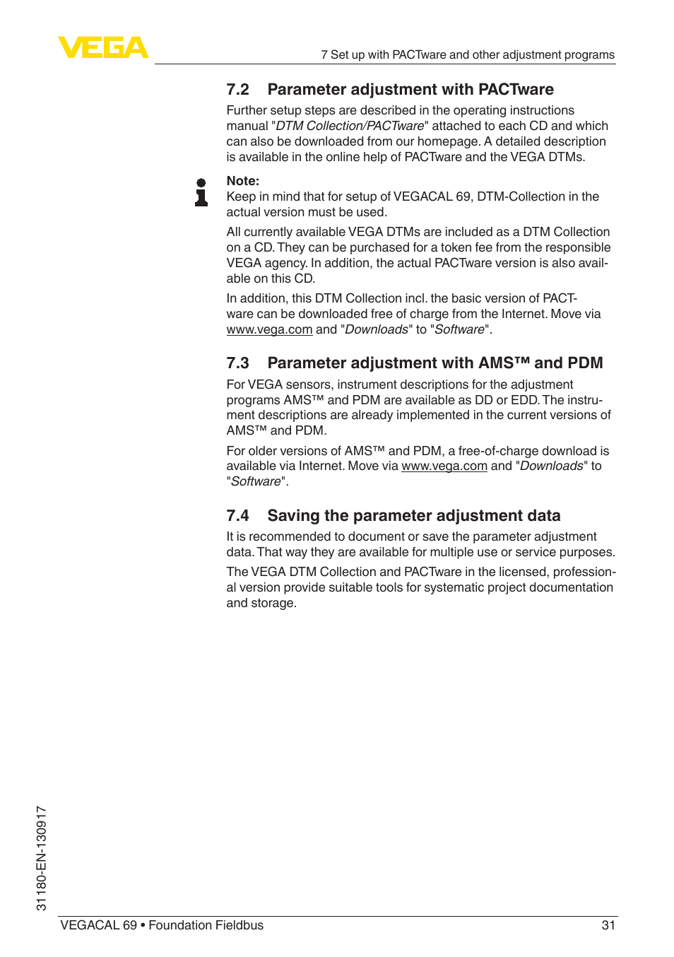 2 parameter adjustment with pactware, 4 saving the parameter adjustment data, 3 parameter adjustment with ams™ and pdm | VEGA VEGACAL 69 Foundation Fieldbus User Manual | Page 31 / 48