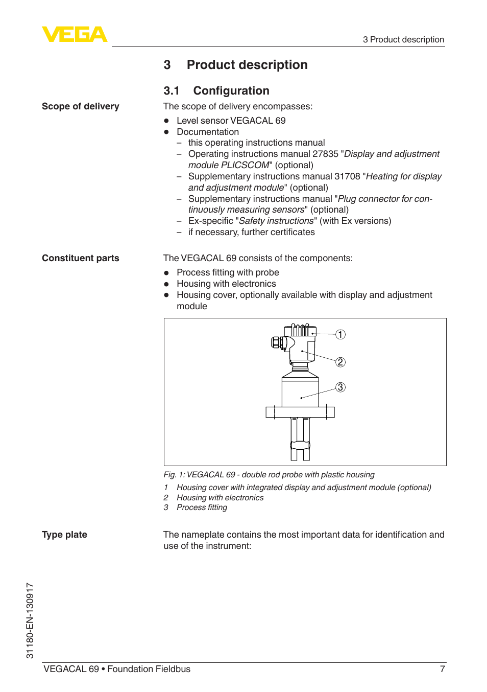 3 product description, 1 configuration | VEGA VEGACAL 69 Foundation Fieldbus User Manual | Page 7 / 48