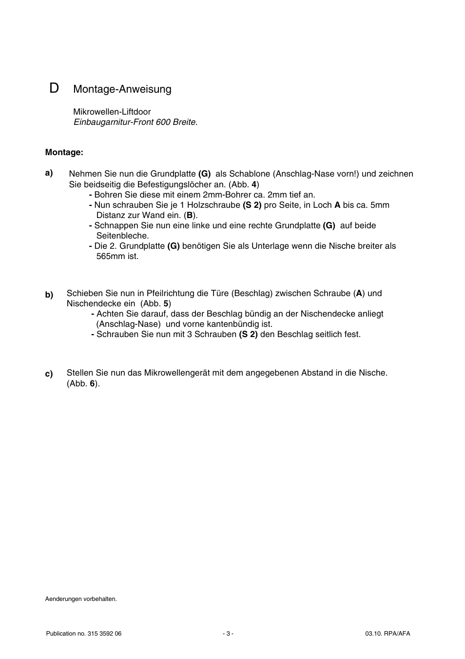 Montage-anweisung | ELECTROLUX ARTHUR MARTIN LDMPM 45 MR User Manual | Page 3 / 11
