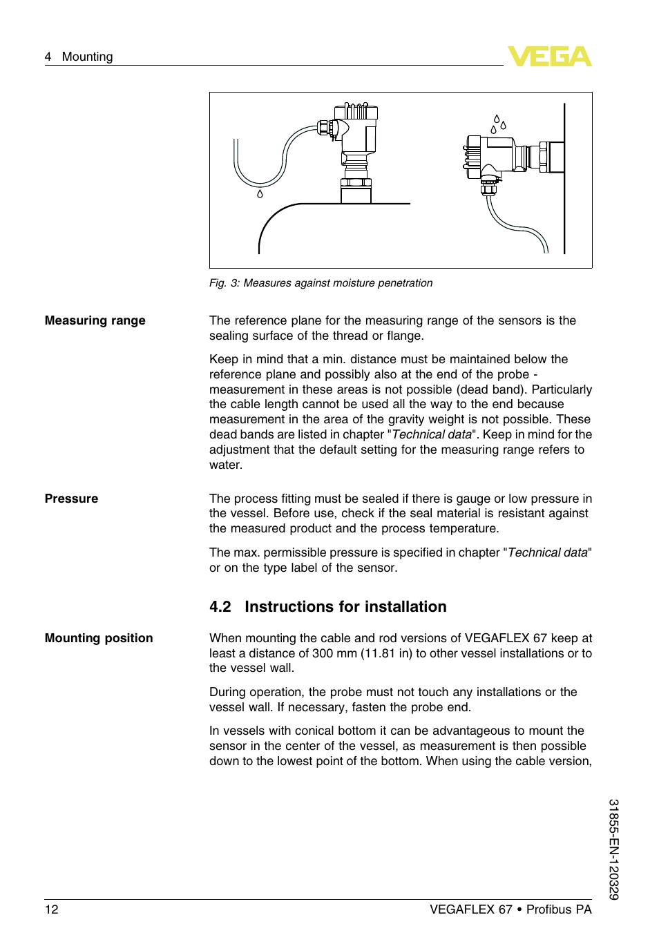 2 instructions for installation | VEGA VEGAFLEX 67 (-40…+150°C) Profibus PA User Manual | Page 12 / 64