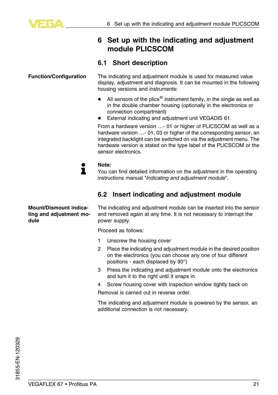 1 short description, 2 insert indicating and adjustment module | VEGA VEGAFLEX 67 (-40…+150°C) Profibus PA User Manual | Page 21 / 64