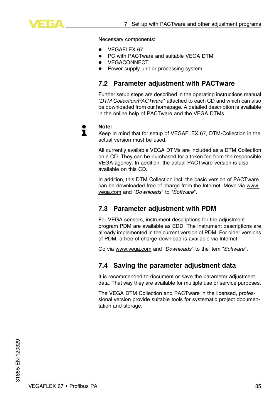 2 parameter adjustment with pactware, 3 parameter adjustment with pdm, 4 saving the parameter adjustment data | VEGA VEGAFLEX 67 (-40…+150°C) Profibus PA User Manual | Page 35 / 64