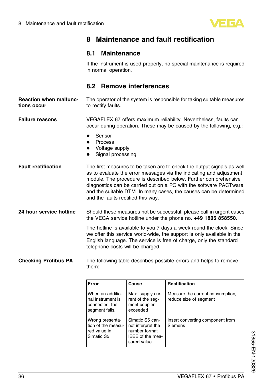 8 maintenance and fault rectification, 1 maintenance, 2 remove interferences | 8 maintenance and fault rectiﬁcation | VEGA VEGAFLEX 67 (-40…+150°C) Profibus PA User Manual | Page 36 / 64