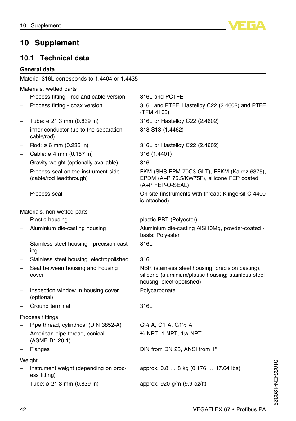 10 supplement, 1 technical data | VEGA VEGAFLEX 67 (-40…+150°C) Profibus PA User Manual | Page 42 / 64