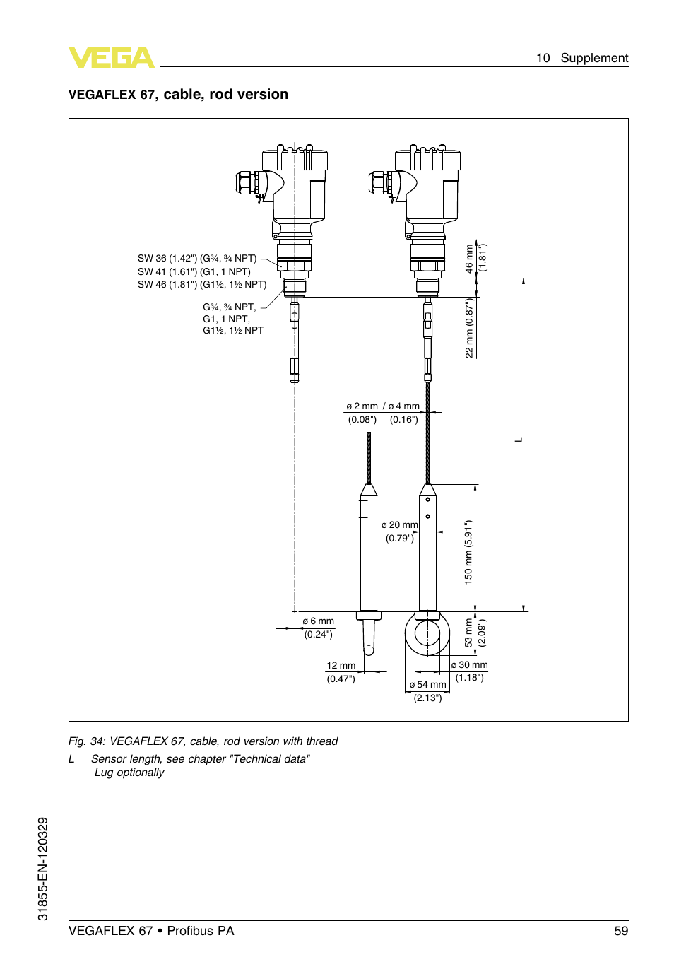 Cable, rod version, Vegaflex 67 | VEGA VEGAFLEX 67 (-40…+150°C) Profibus PA User Manual | Page 59 / 64