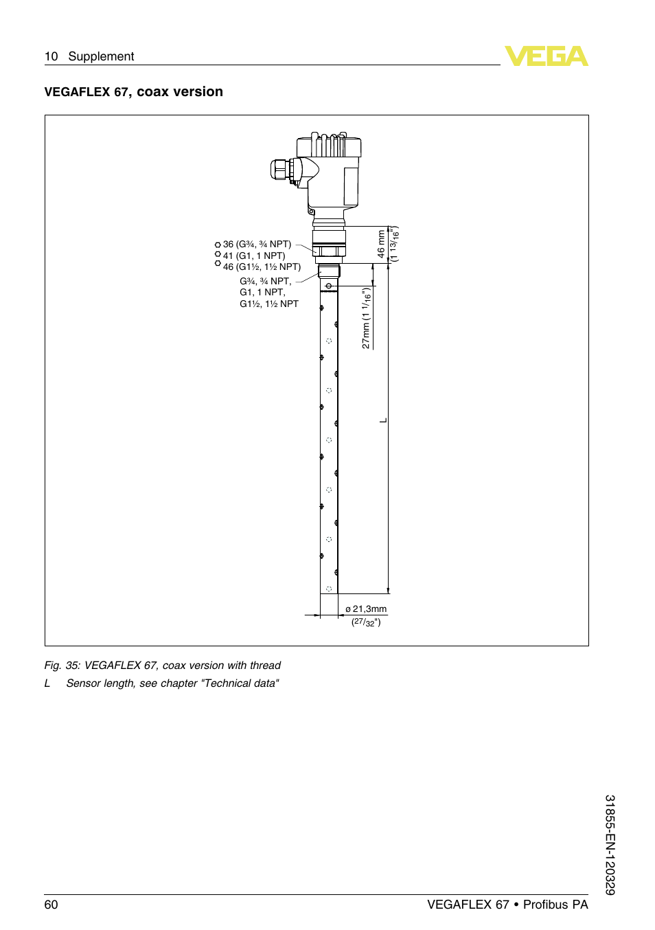 Coax version, Vegaflex 67 | VEGA VEGAFLEX 67 (-40…+150°C) Profibus PA User Manual | Page 60 / 64