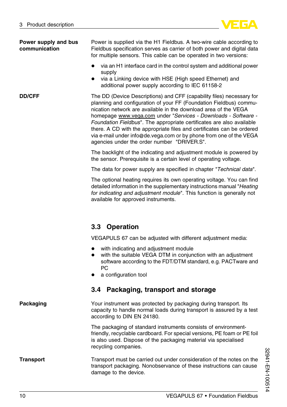 3 operation, 4 packaging, transport and storage | VEGA VEGAPULS 67 (≥ 2.0.0 - ≤ 3.8) Foundation Fieldbus User Manual | Page 10 / 72