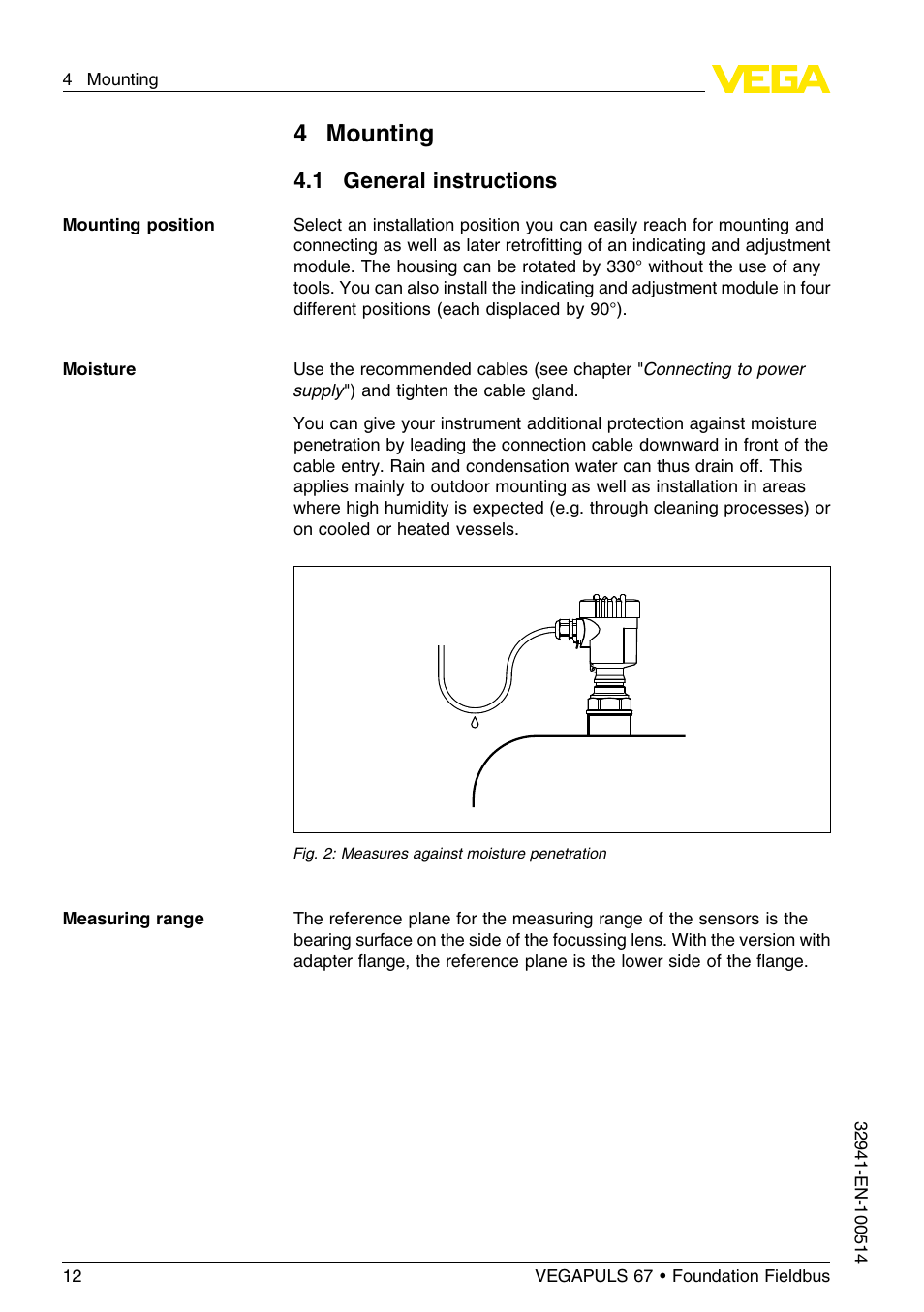 4 mounting, 1 general instructions, 4mounting | VEGA VEGAPULS 67 (≥ 2.0.0 - ≤ 3.8) Foundation Fieldbus User Manual | Page 12 / 72