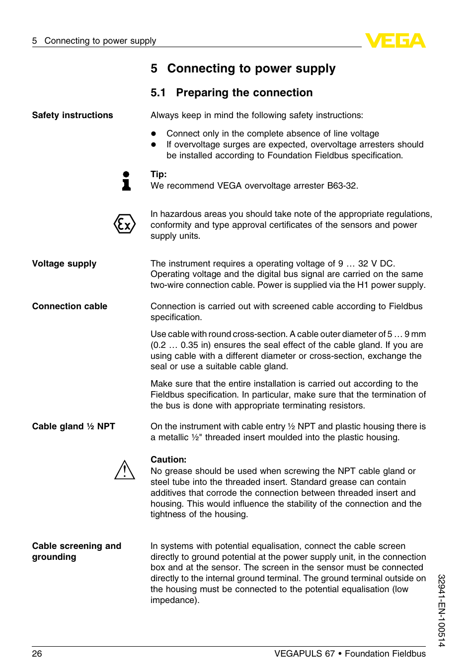 5 connecting to power supply, 1 preparing the connection, 5connecting to power supply | VEGA VEGAPULS 67 (≥ 2.0.0 - ≤ 3.8) Foundation Fieldbus User Manual | Page 26 / 72