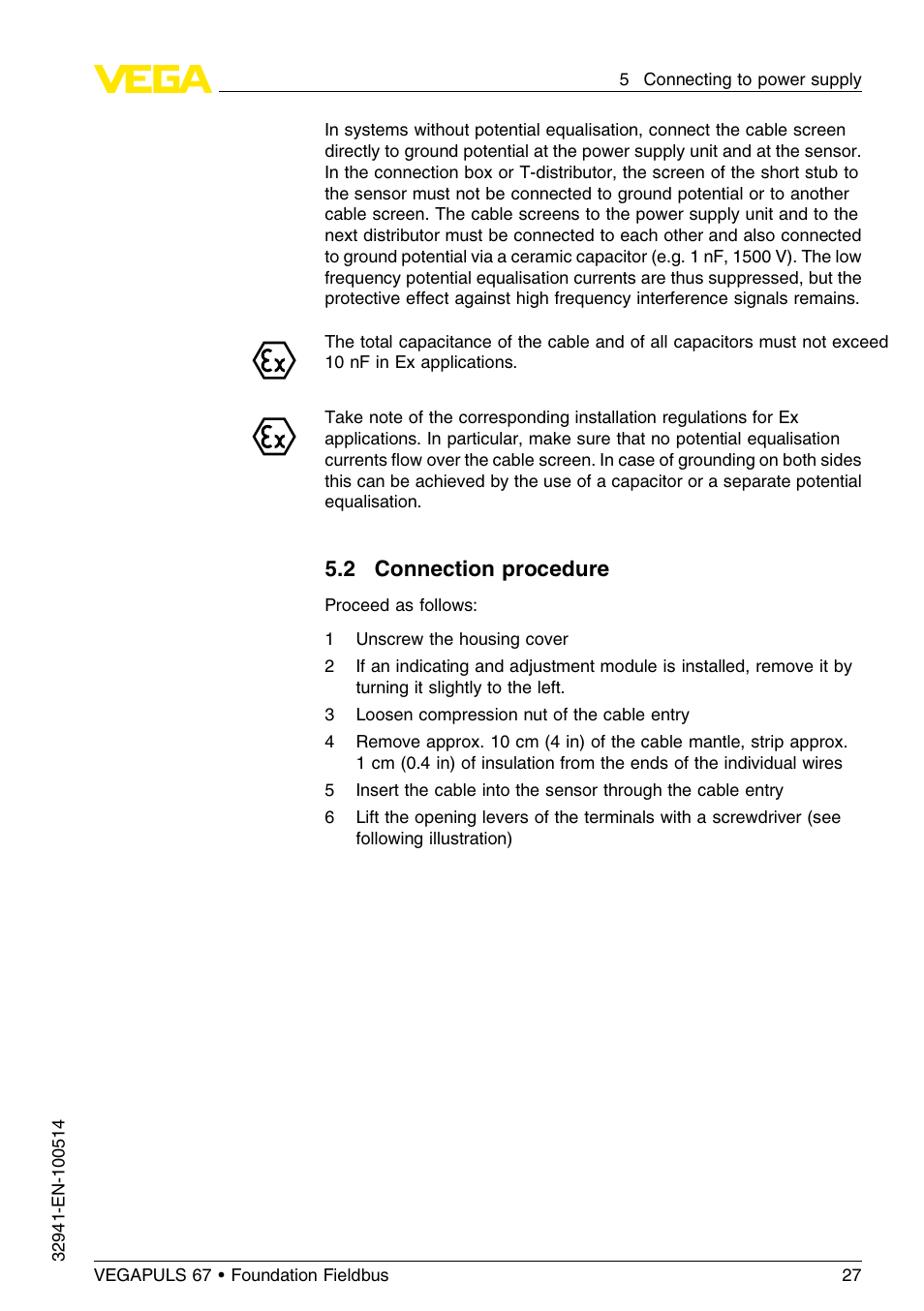2 connection procedure | VEGA VEGAPULS 67 (≥ 2.0.0 - ≤ 3.8) Foundation Fieldbus User Manual | Page 27 / 72