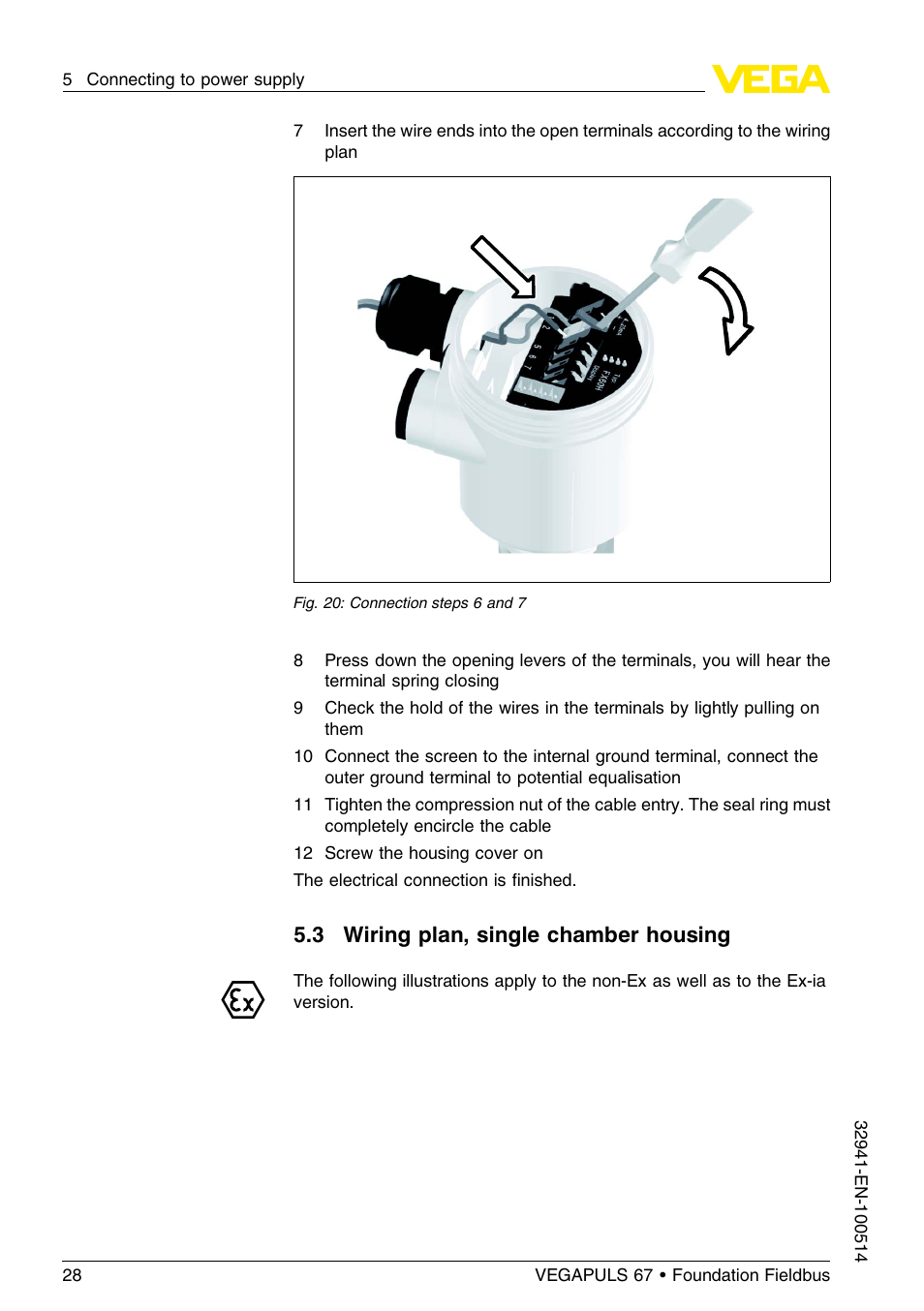 3 wiring plan, single chamber housing | VEGA VEGAPULS 67 (≥ 2.0.0 - ≤ 3.8) Foundation Fieldbus User Manual | Page 28 / 72