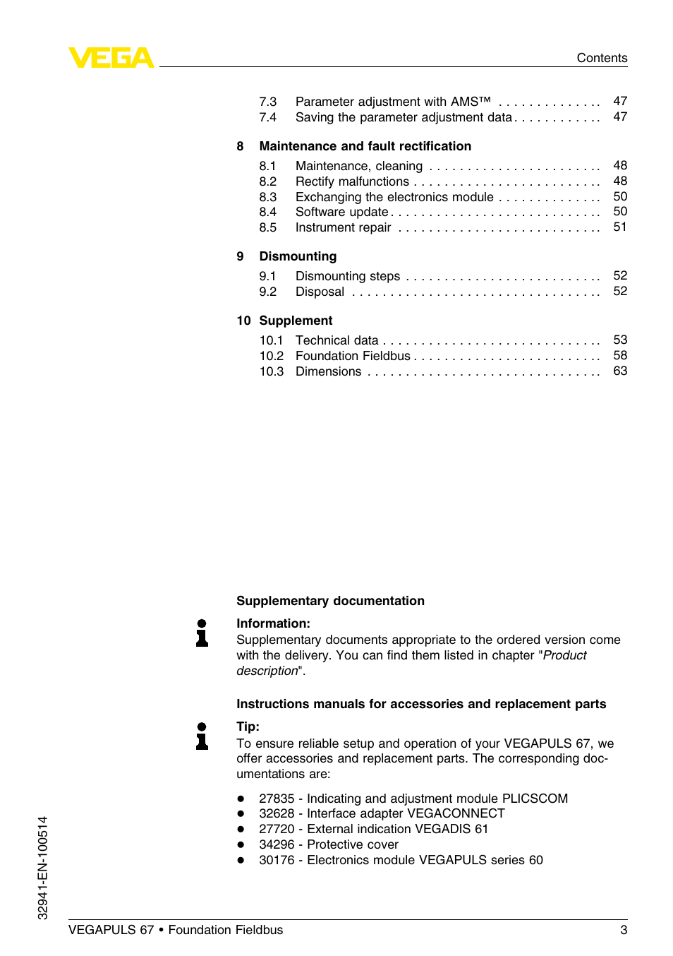VEGA VEGAPULS 67 (≥ 2.0.0 - ≤ 3.8) Foundation Fieldbus User Manual | Page 3 / 72