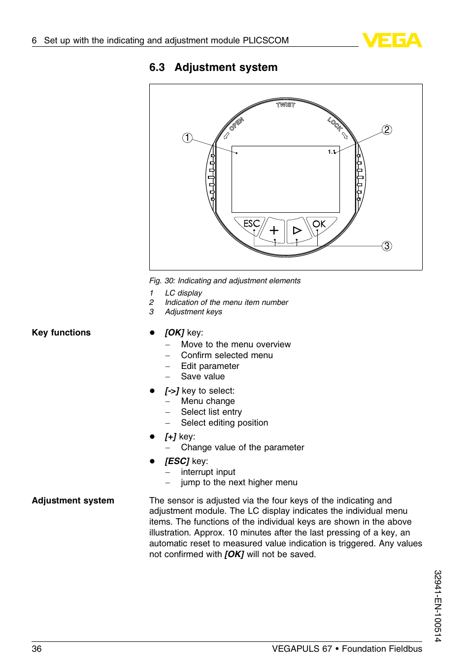 3 adjustment system | VEGA VEGAPULS 67 (≥ 2.0.0 - ≤ 3.8) Foundation Fieldbus User Manual | Page 36 / 72