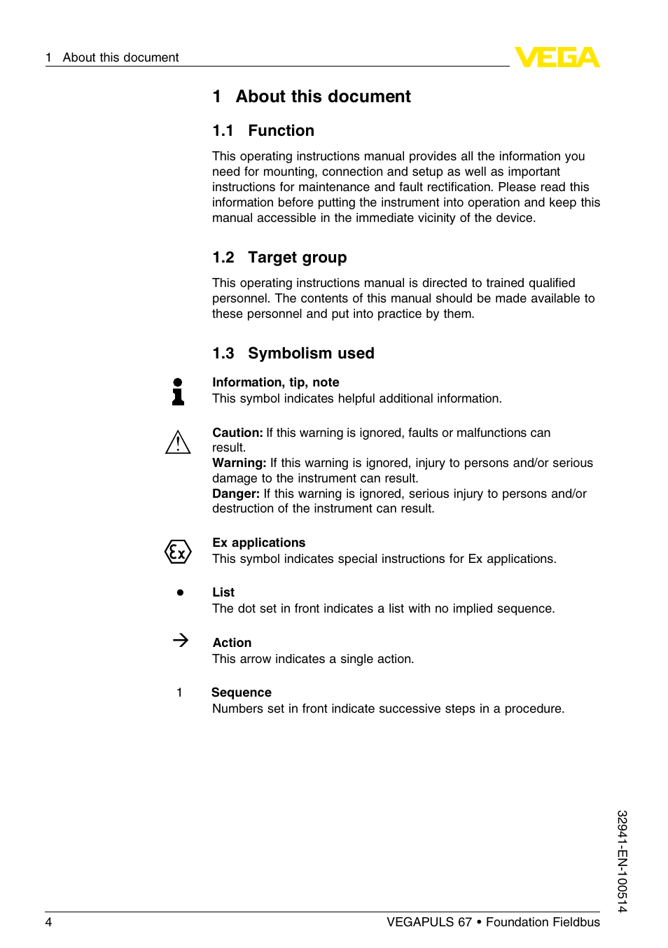 1 about this document, 1 function, 2 target group | 3 symbolism used, 1about this document | VEGA VEGAPULS 67 (≥ 2.0.0 - ≤ 3.8) Foundation Fieldbus User Manual | Page 4 / 72