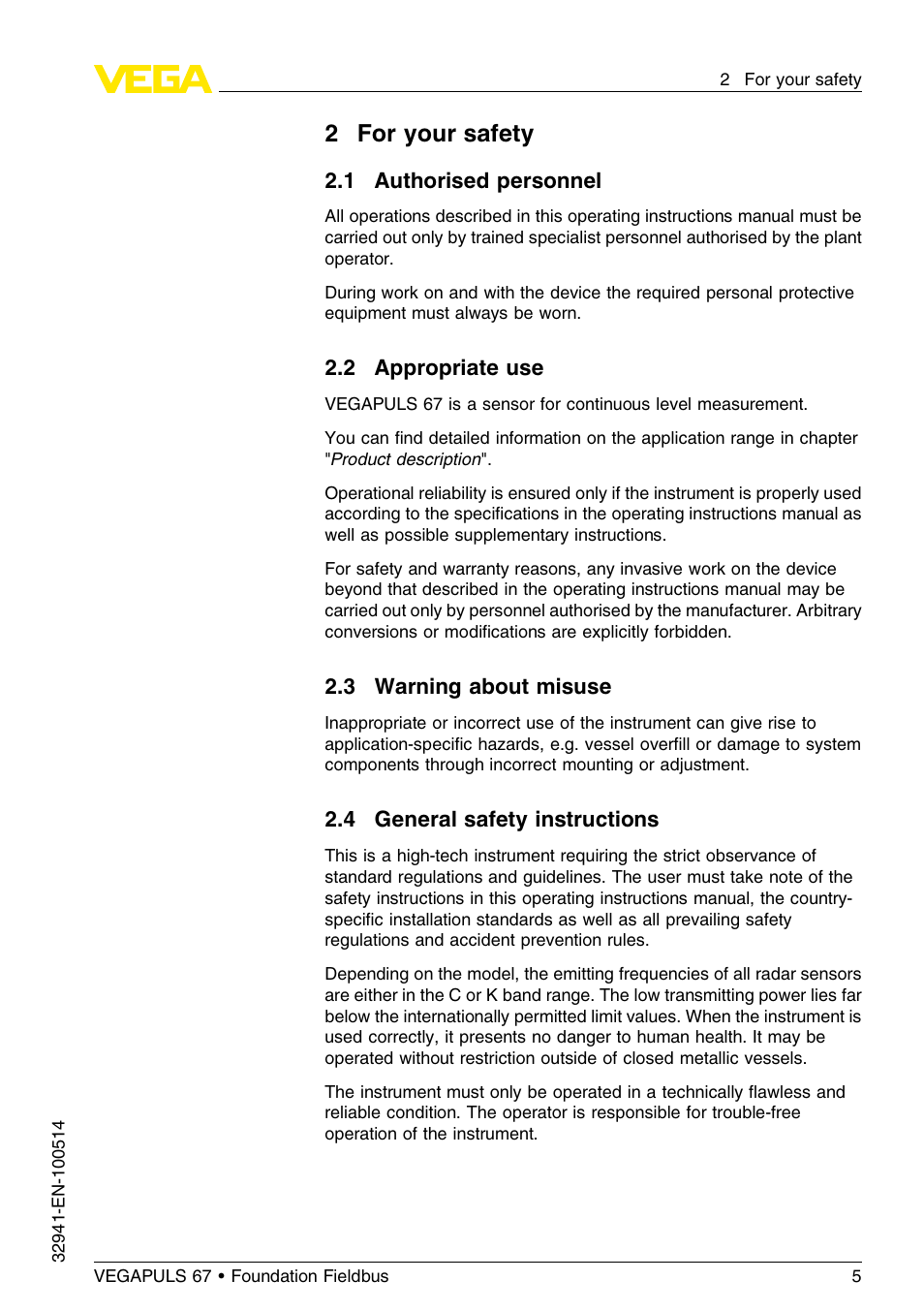 2 for your safety, 1 authorised personnel, 2 appropriate use | 3 warning about misuse, 4 general safety instructions, 2for your safety | VEGA VEGAPULS 67 (≥ 2.0.0 - ≤ 3.8) Foundation Fieldbus User Manual | Page 5 / 72