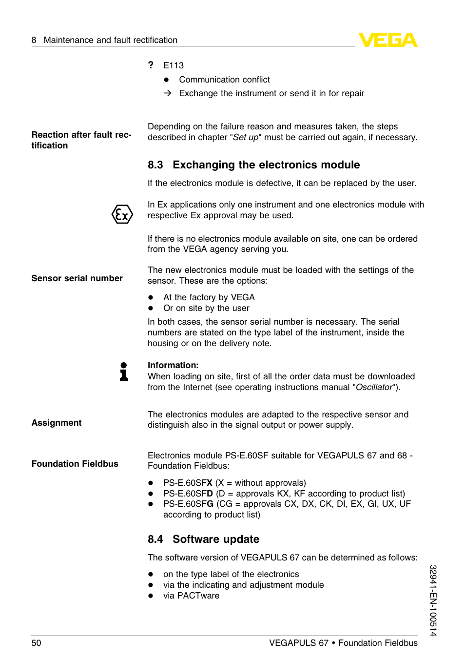 3 exchanging the electronics module, 4 software update | VEGA VEGAPULS 67 (≥ 2.0.0 - ≤ 3.8) Foundation Fieldbus User Manual | Page 50 / 72