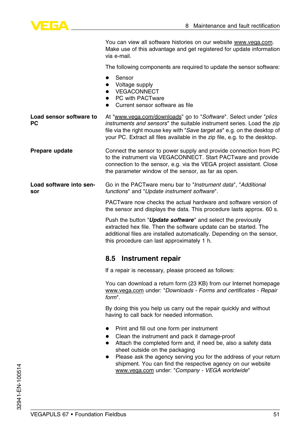 5 instrument repair | VEGA VEGAPULS 67 (≥ 2.0.0 - ≤ 3.8) Foundation Fieldbus User Manual | Page 51 / 72