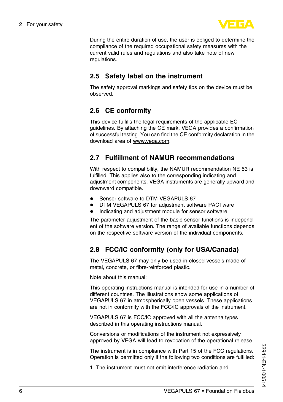 5 safety label on the instrument, 6 ce conformity, 7 fulfillment of namur recommendations | 8 fcc/ic conformity (only for usa/canada) | VEGA VEGAPULS 67 (≥ 2.0.0 - ≤ 3.8) Foundation Fieldbus User Manual | Page 6 / 72