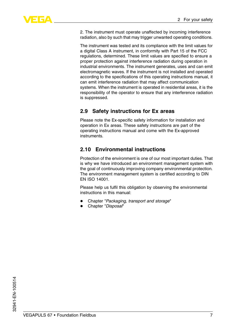 9 safety instructions for ex areas, 10 environmental instructions | VEGA VEGAPULS 67 (≥ 2.0.0 - ≤ 3.8) Foundation Fieldbus User Manual | Page 7 / 72