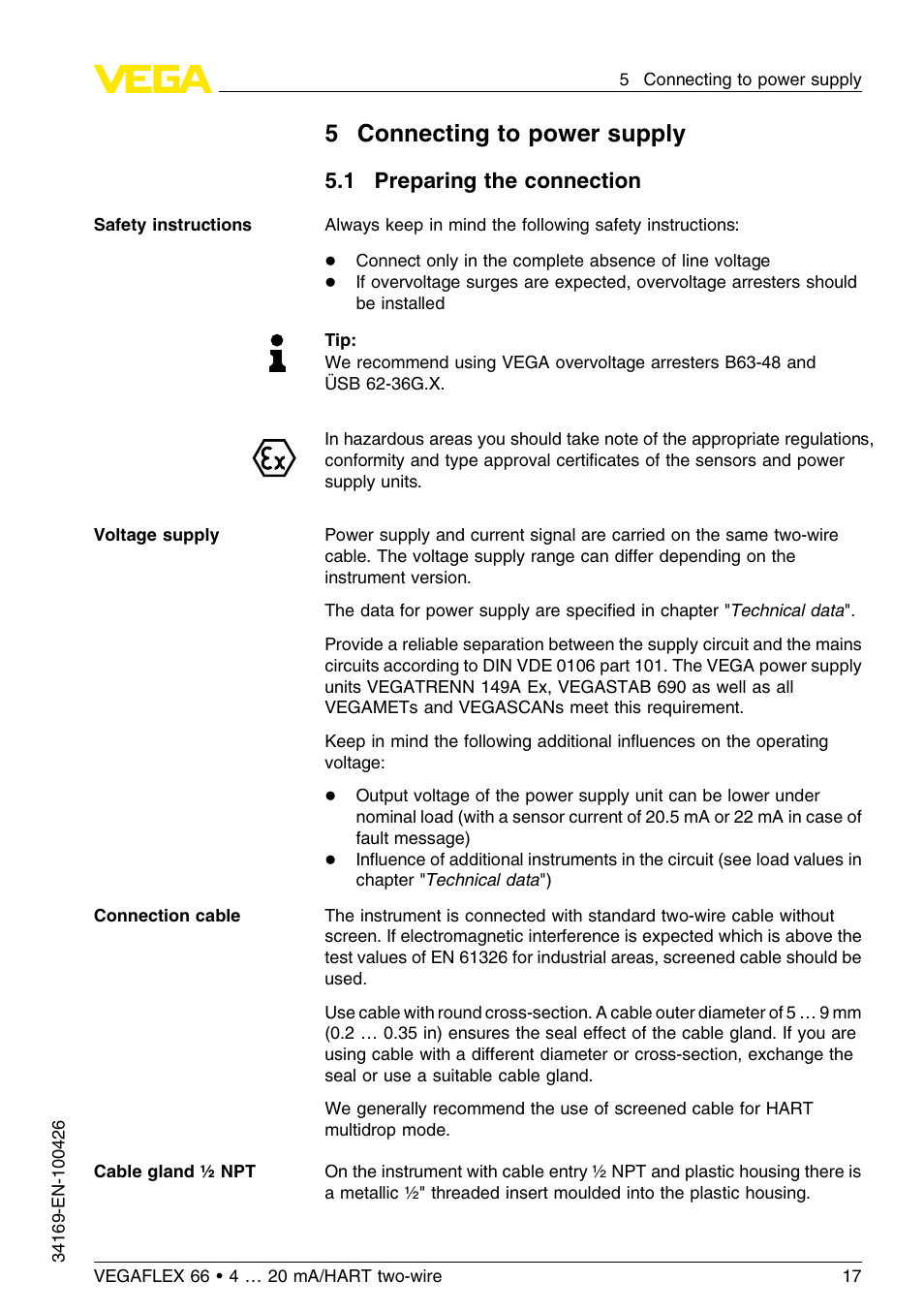 5 connecting to power supply, 1 preparing the connection, 5connecting to power supply | VEGA VEGAFLEX 66 (-20…+250°C) 4 … 20 mA_HART two-wire User Manual | Page 17 / 64