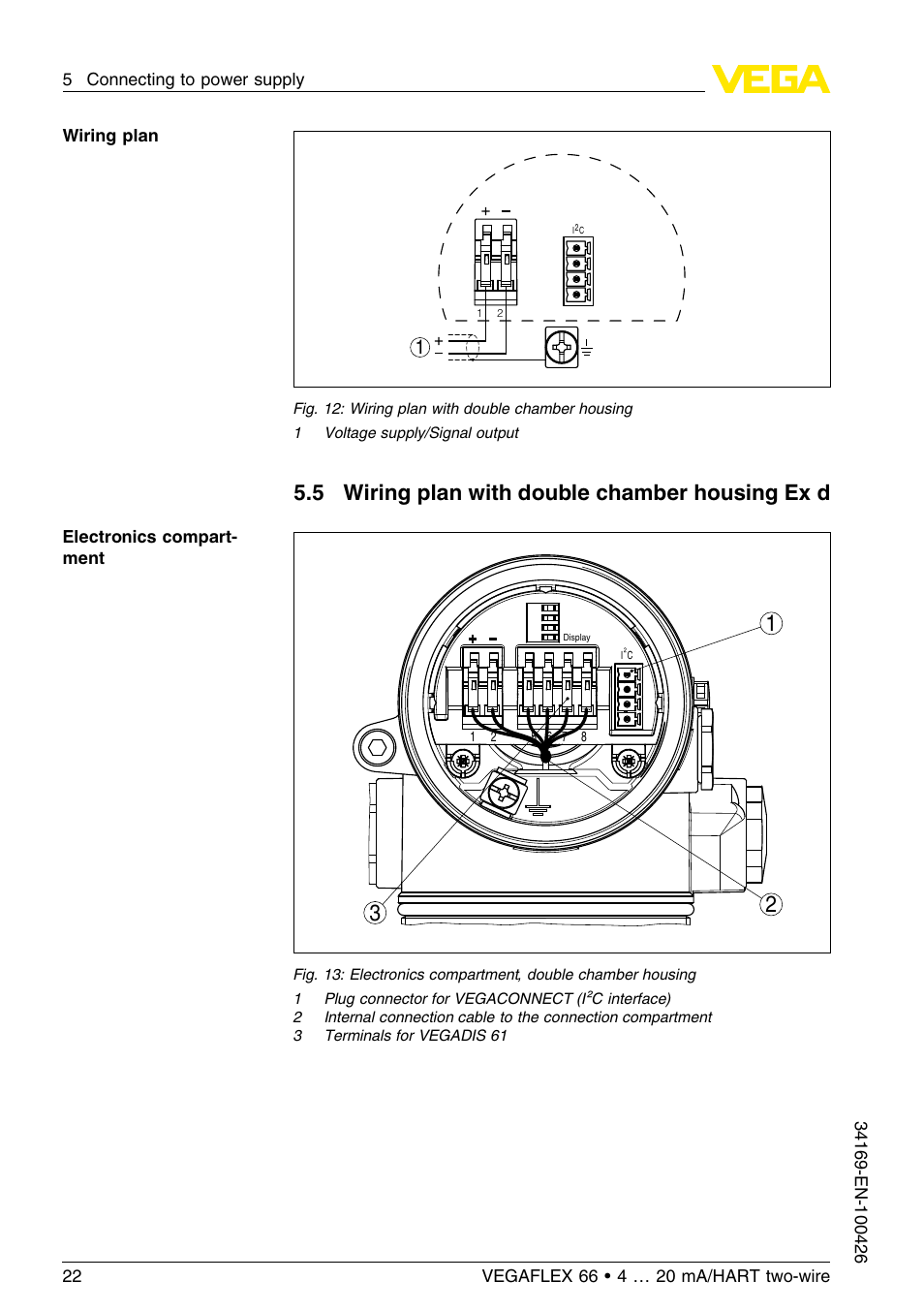 5 wiring plan with double chamber housing exd, 5 wiring plan with double chamber housing ex d | VEGA VEGAFLEX 66 (-20…+250°C) 4 … 20 mA_HART two-wire User Manual | Page 22 / 64