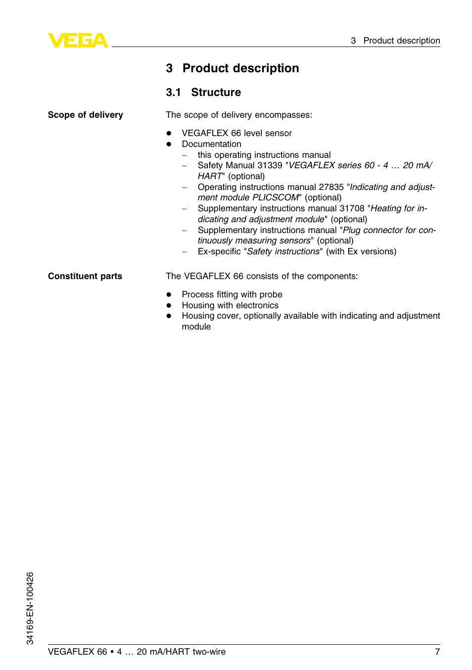 3 product description, 1 structure, 3product description | VEGA VEGAFLEX 66 (-20…+250°C) 4 … 20 mA_HART two-wire User Manual | Page 7 / 64