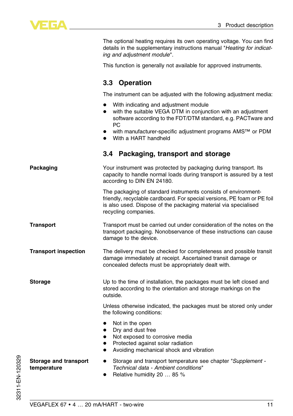 3 operation, 4 packaging, transport and storage | VEGA VEGAFLEX 67 (-200…+400°C) 4 … 20 mA_HART two-wire User Manual | Page 11 / 64