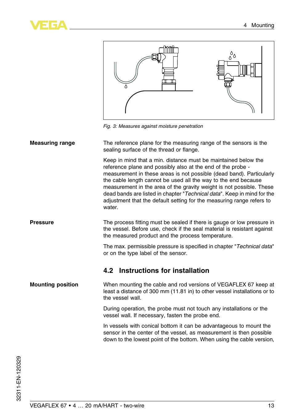 2 instructions for installation | VEGA VEGAFLEX 67 (-200…+400°C) 4 … 20 mA_HART two-wire User Manual | Page 13 / 64