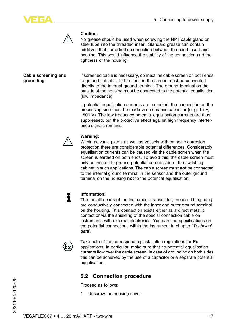 2 connection procedure | VEGA VEGAFLEX 67 (-200…+400°C) 4 … 20 mA_HART two-wire User Manual | Page 17 / 64