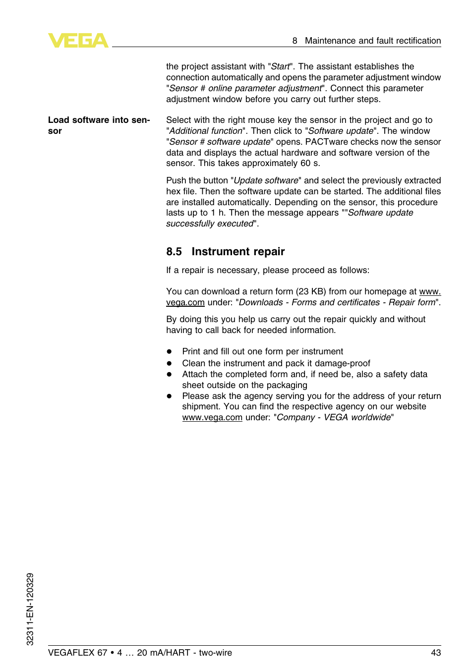 5 instrument repair | VEGA VEGAFLEX 67 (-200…+400°C) 4 … 20 mA_HART two-wire User Manual | Page 43 / 64