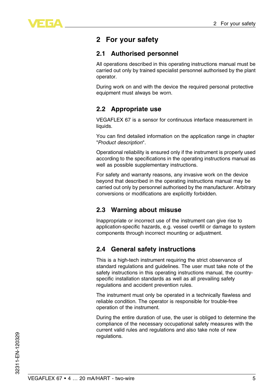 2 for your safety, 1 authorised personnel, 2 appropriate use | 3 warning about misuse, 4 general safety instructions, 2for your safety | VEGA VEGAFLEX 67 (-200…+400°C) 4 … 20 mA_HART two-wire User Manual | Page 5 / 64