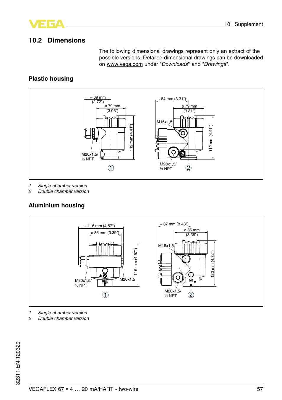 2 dimensions, 10 .2 dimensions, Plastic housing | Aluminium housing 2 1 | VEGA VEGAFLEX 67 (-200…+400°C) 4 … 20 mA_HART two-wire User Manual | Page 57 / 64