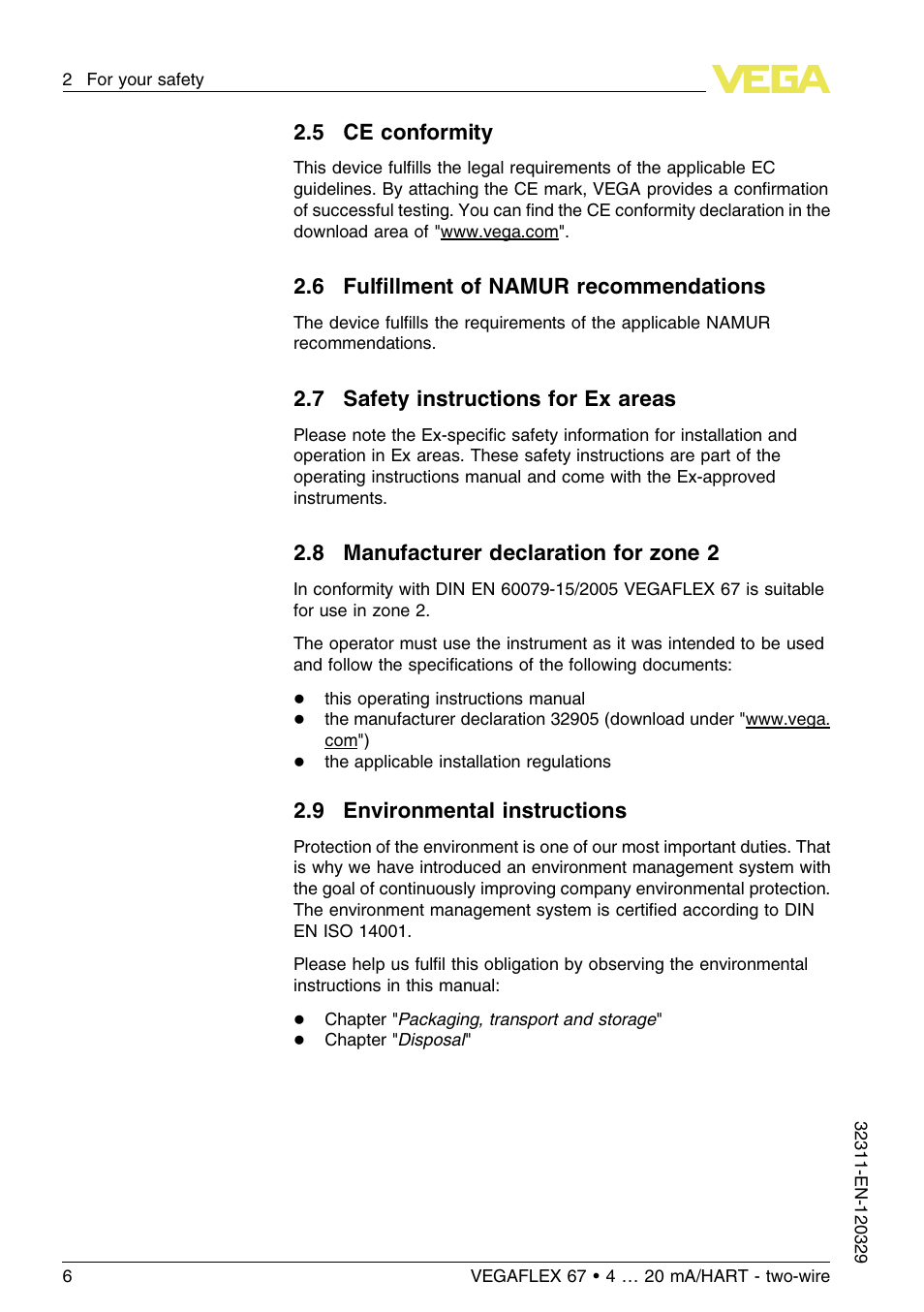 5 ce conformity, 6 fulfillment of namur recommendations, 7 safety instructions for ex areas | 8 manufacturer declaration for zone 2, 9 environmental instructions, 6 fulﬁllment of namur recommendations | VEGA VEGAFLEX 67 (-200…+400°C) 4 … 20 mA_HART two-wire User Manual | Page 6 / 64