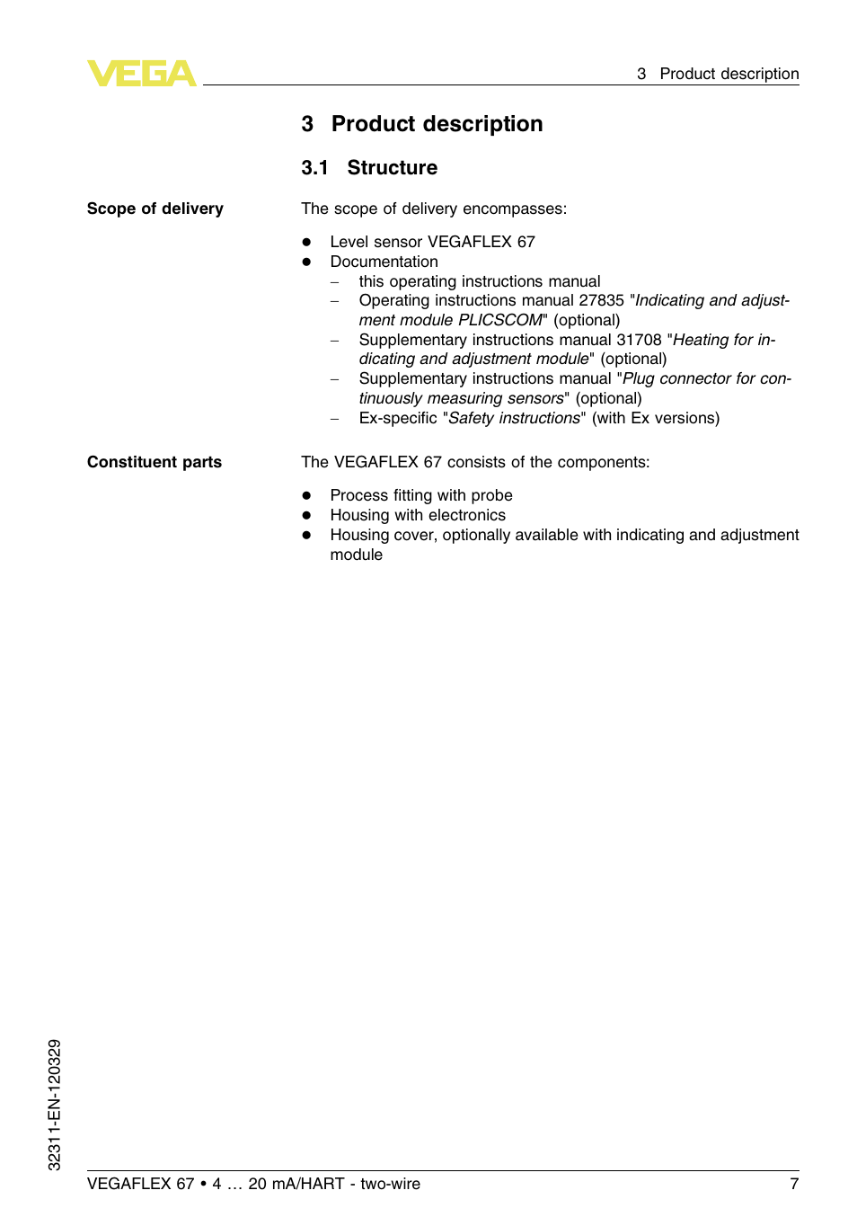 3 product description, 1 structure, 3product description | VEGA VEGAFLEX 67 (-200…+400°C) 4 … 20 mA_HART two-wire User Manual | Page 7 / 64