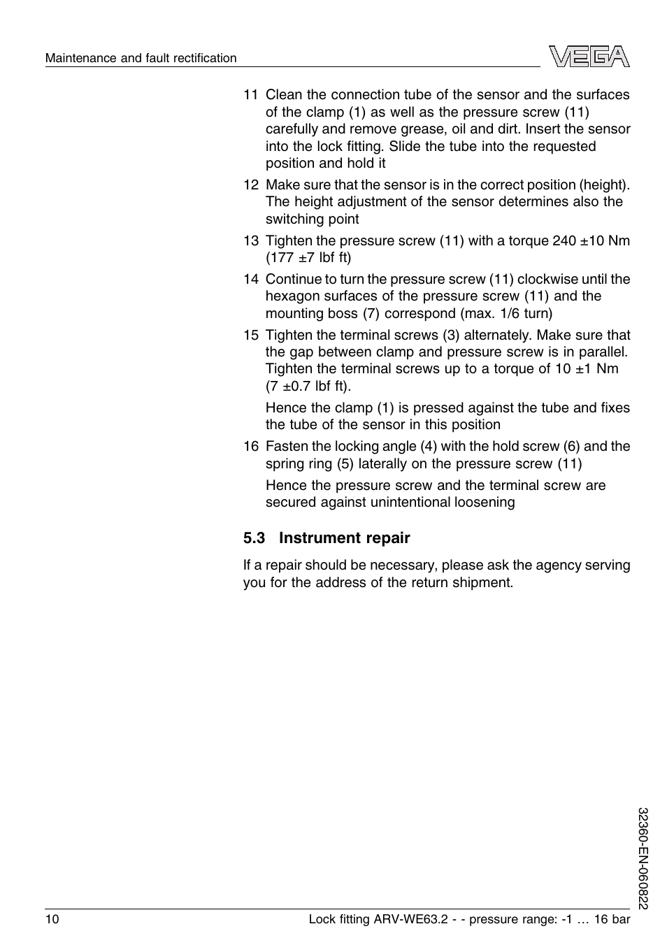 3 instrument repair | VEGA VEGAWAVE 63 Lock ﬁtting ARV-WE63.2 - pressure range: -1…16 bar User Manual | Page 10 / 16