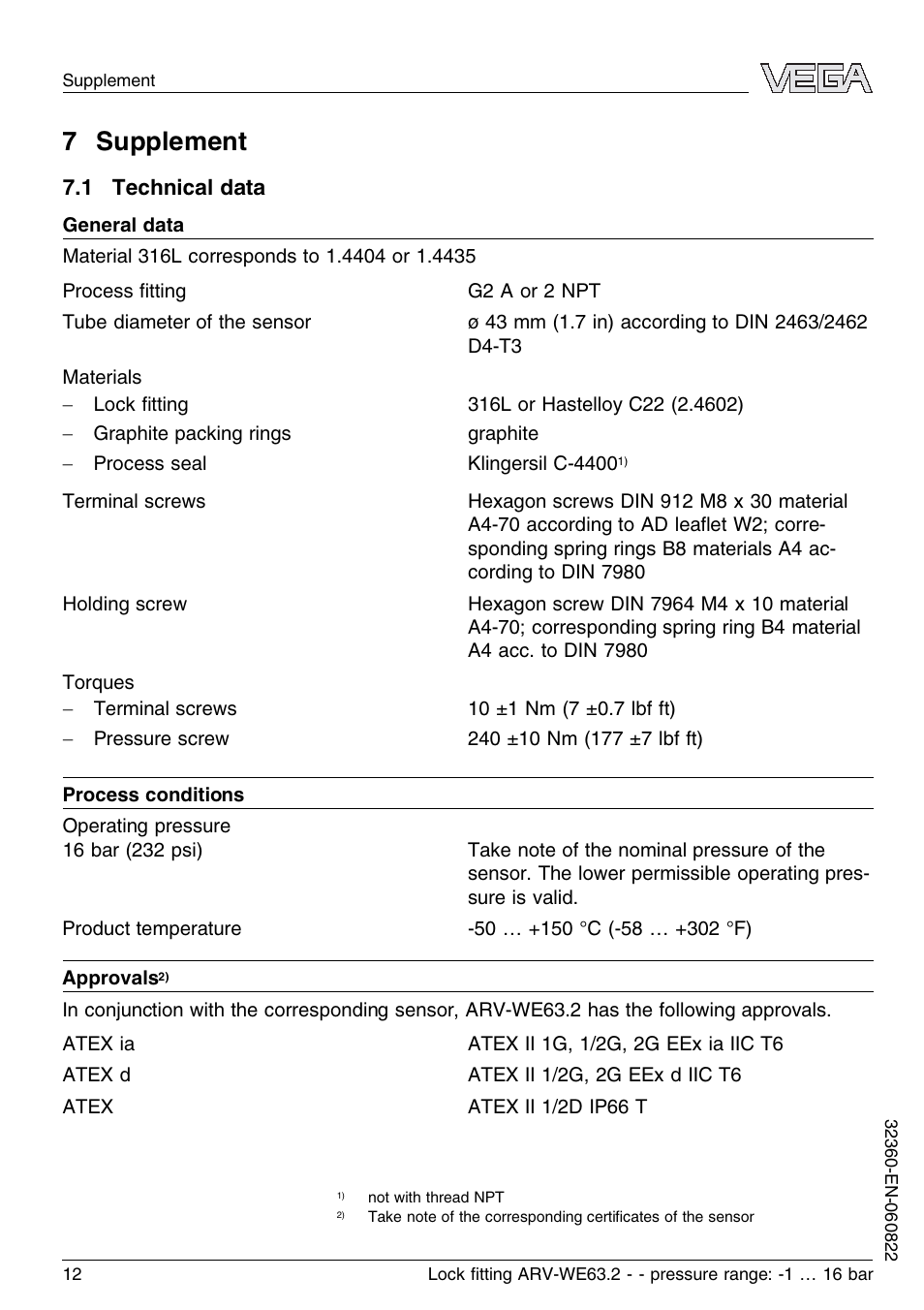 7 supplement, 1 technical data | VEGA VEGAWAVE 63 Lock ﬁtting ARV-WE63.2 - pressure range: -1…16 bar User Manual | Page 12 / 16