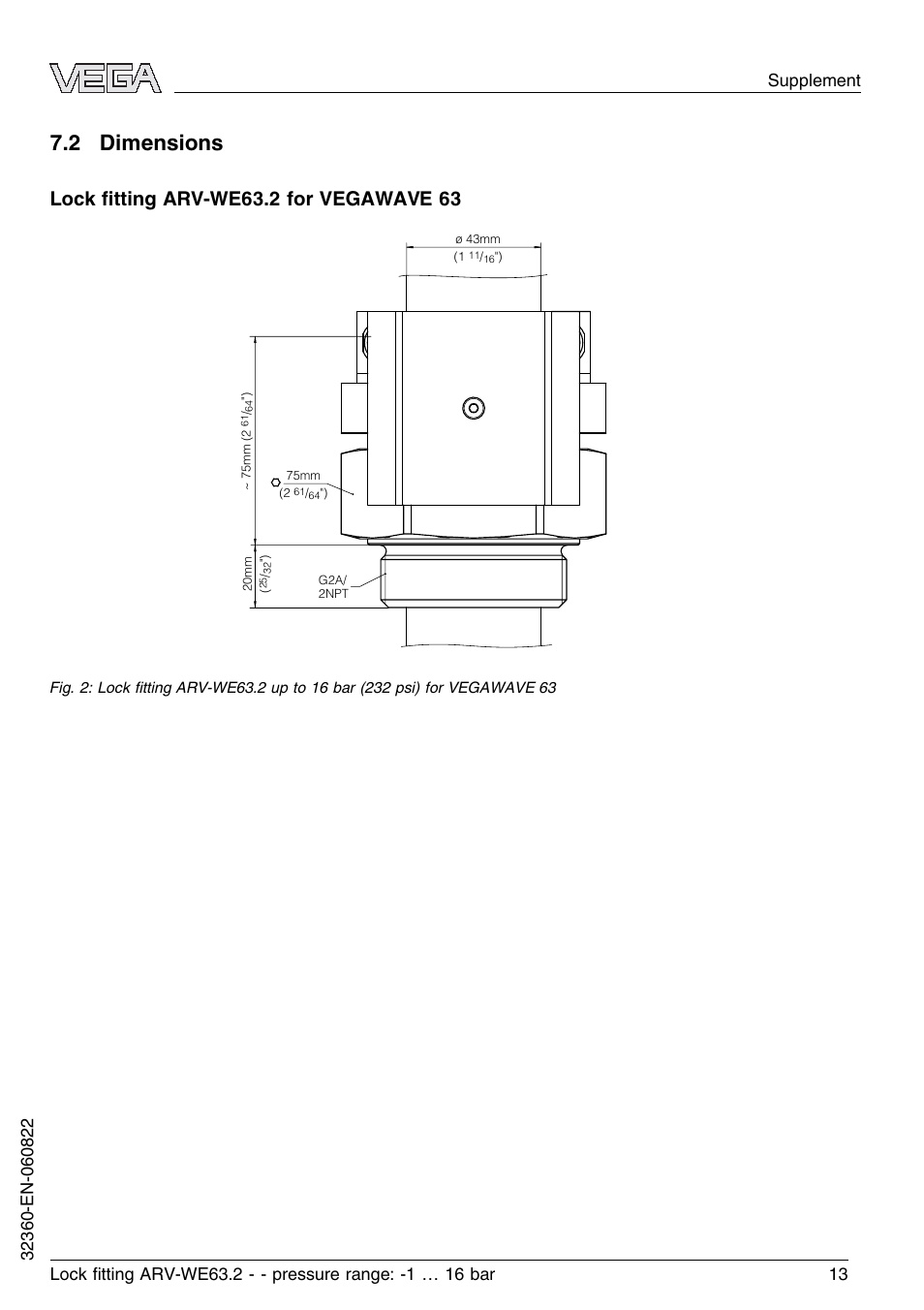 2 dimensions | VEGA VEGAWAVE 63 Lock ﬁtting ARV-WE63.2 - pressure range: -1…16 bar User Manual | Page 13 / 16