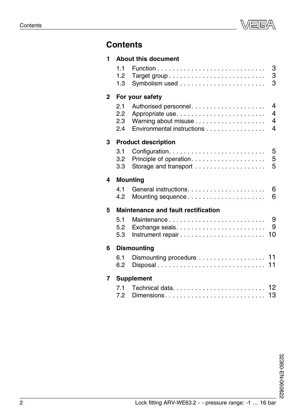 VEGA VEGAWAVE 63 Lock ﬁtting ARV-WE63.2 - pressure range: -1…16 bar User Manual | Page 2 / 16