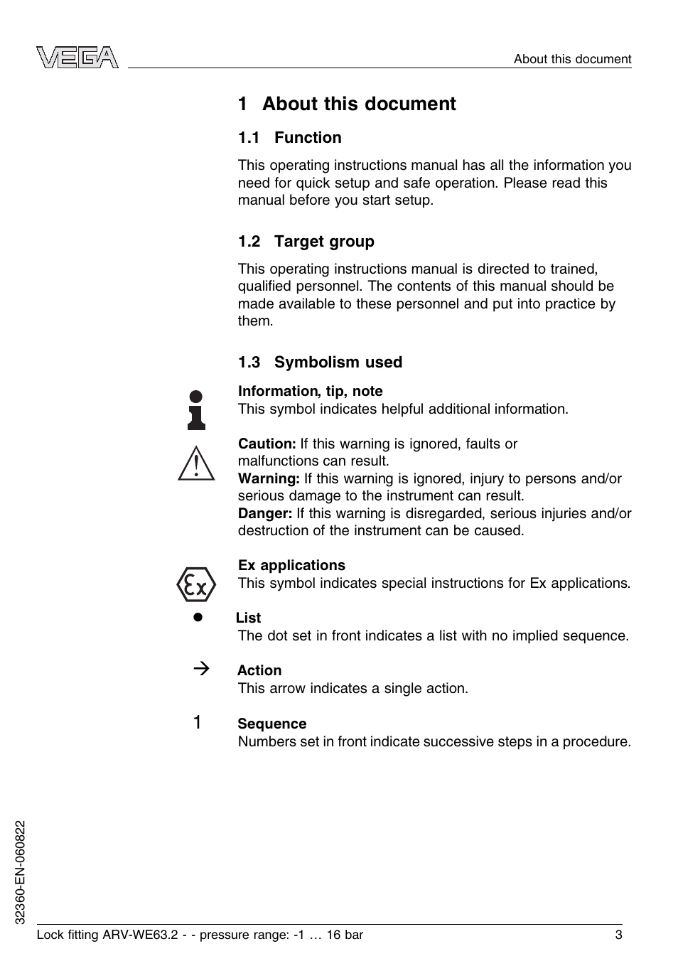 1 about this document, 1 function, 2 target group | 3 symbolism used | VEGA VEGAWAVE 63 Lock ﬁtting ARV-WE63.2 - pressure range: -1…16 bar User Manual | Page 3 / 16