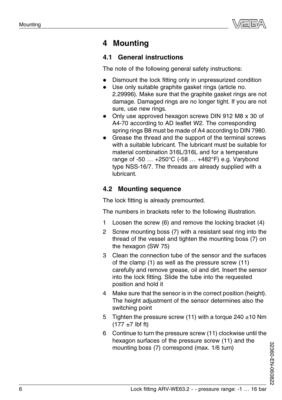 4 mounting, 1 general instructions, 2 mounting sequence | VEGA VEGAWAVE 63 Lock ﬁtting ARV-WE63.2 - pressure range: -1…16 bar User Manual | Page 6 / 16