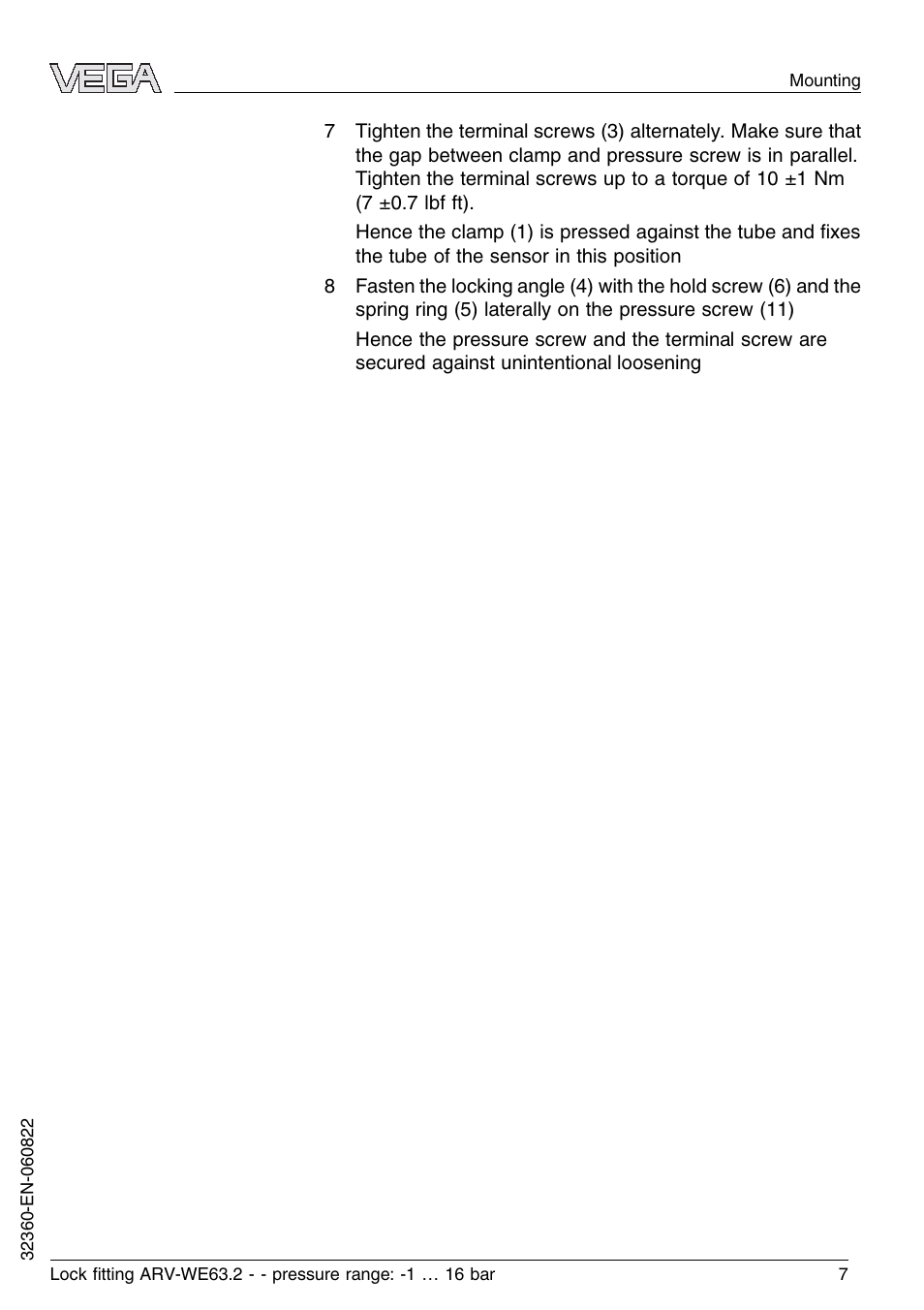 VEGA VEGAWAVE 63 Lock ﬁtting ARV-WE63.2 - pressure range: -1…16 bar User Manual | Page 7 / 16