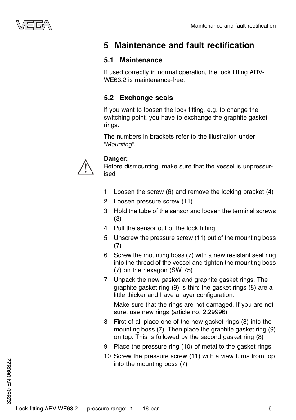 5 maintenance and fault rectification, 1 maintenance, 2 exchange seals | 5 maintenance and fault rectiﬁcation | VEGA VEGAWAVE 63 Lock ﬁtting ARV-WE63.2 - pressure range: -1…16 bar User Manual | Page 9 / 16