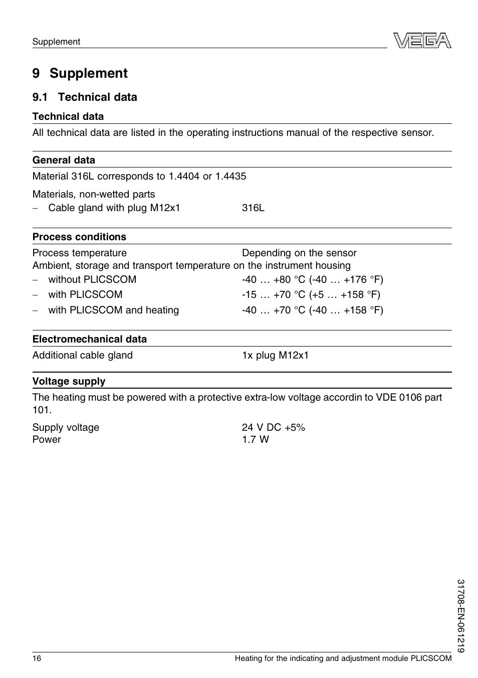 9 supplement, 1 technical data | VEGA PLICSCOM Heating for the indicating and adjustment module User Manual | Page 16 / 20