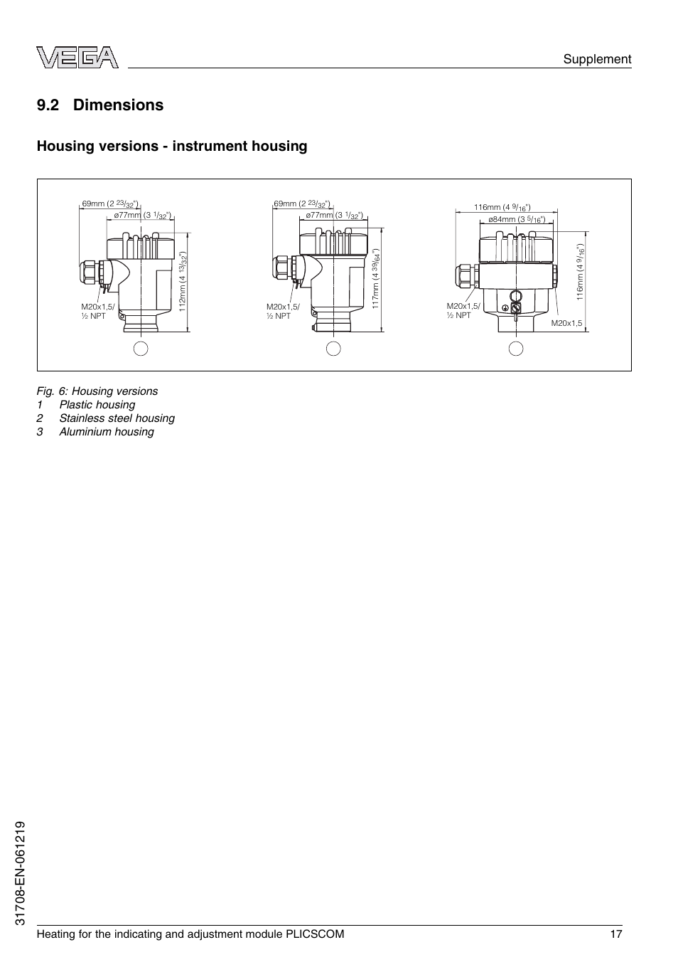 2 dimensions, Housing versions - instrument housing | VEGA PLICSCOM Heating for the indicating and adjustment module User Manual | Page 17 / 20