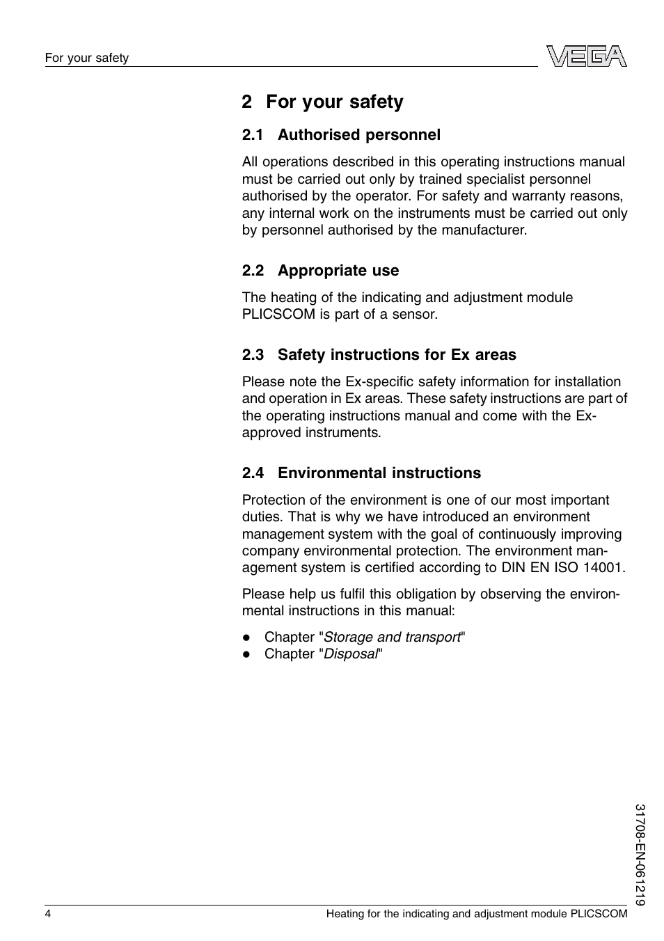 2 for your safety, 1 authorised personnel, 2 appropriate use | 3 safety instructions for ex areas, 4 environmental instructions | VEGA PLICSCOM Heating for the indicating and adjustment module User Manual | Page 4 / 20