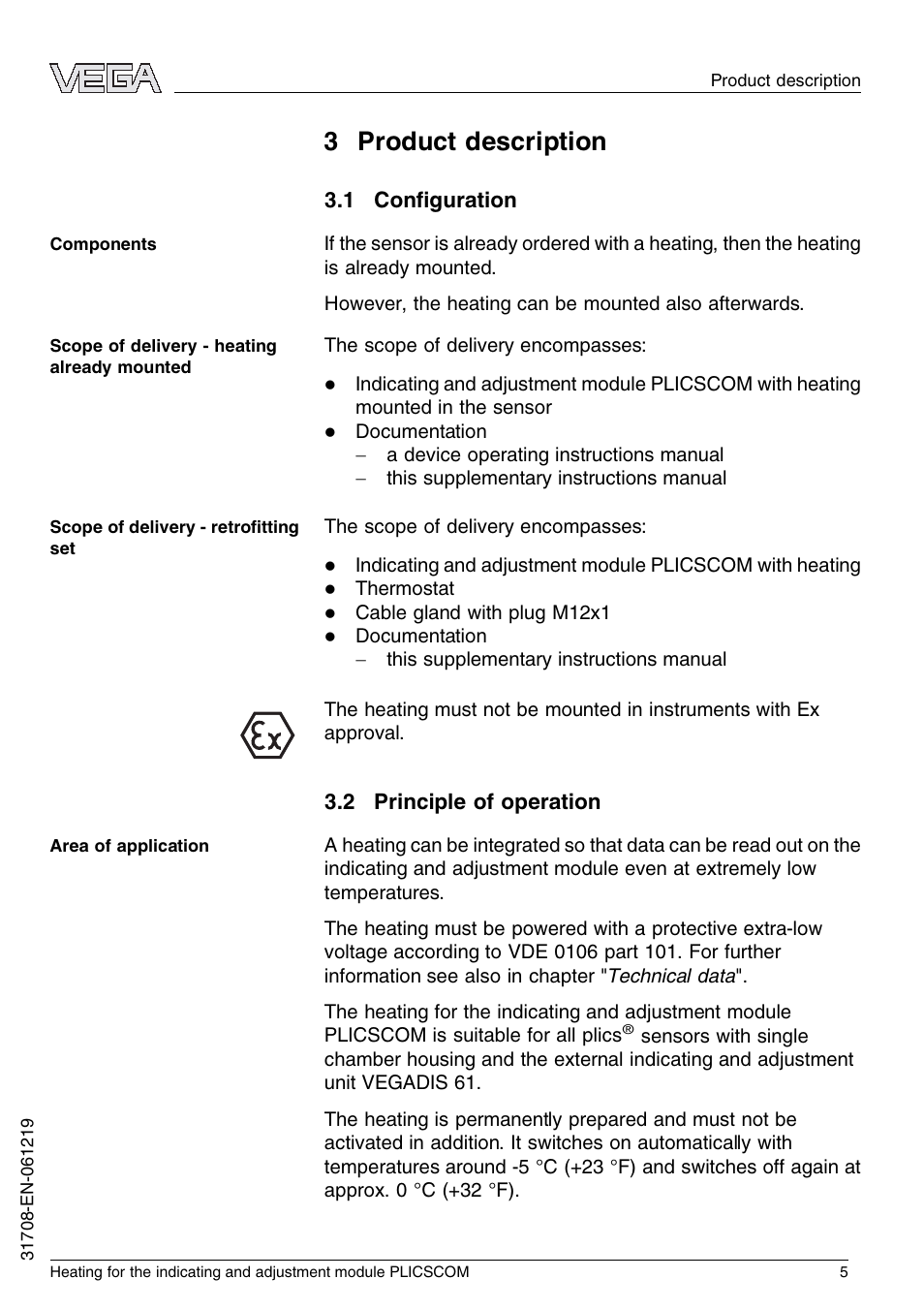 3 product description, 1 configuration, 2 principle of operation | VEGA PLICSCOM Heating for the indicating and adjustment module User Manual | Page 5 / 20