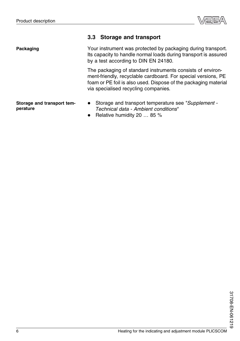 3 storage and transport | VEGA PLICSCOM Heating for the indicating and adjustment module User Manual | Page 6 / 20