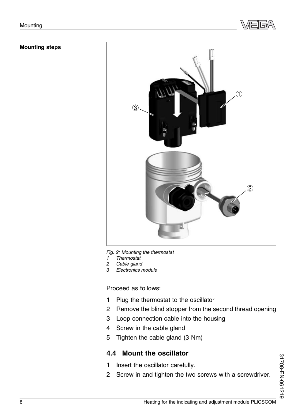 4 mount the oscillator | VEGA PLICSCOM Heating for the indicating and adjustment module User Manual | Page 8 / 20